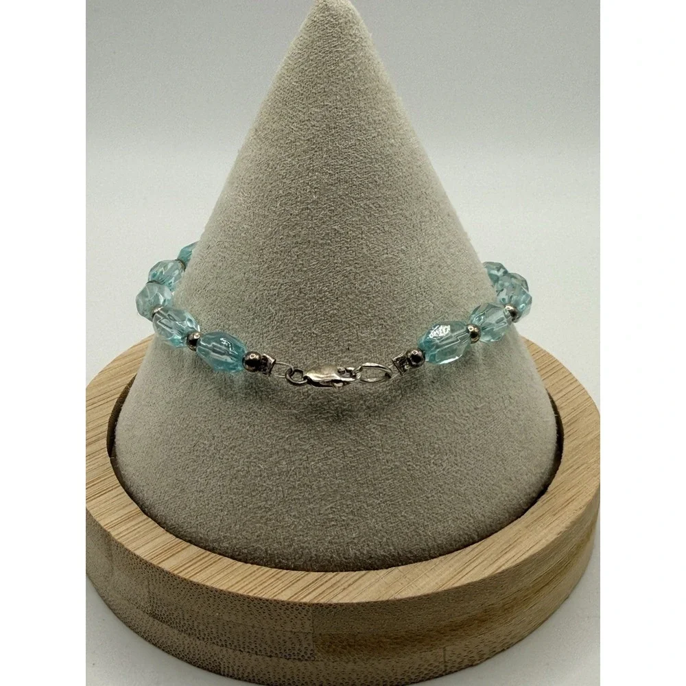Vintage Sterling Silver Baby Blue Glass Beaded Bracelet 7